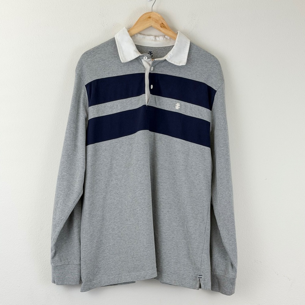 Izod Mens L Rugby Shirt Long Sleeve Grey Navy Blue Striped Cotton